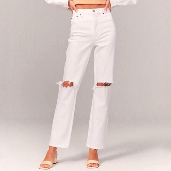 Abercrombie & Fitch White 90's Straight Ultra High Rise Distresses Jeans Sz 2S - Picture 1 of 8